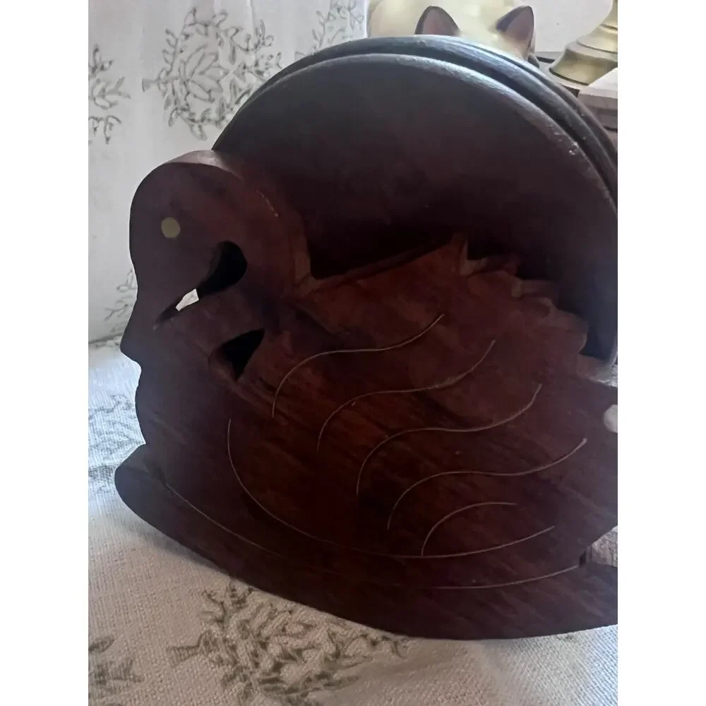 Vintage Wood Coaster set with Hand Crafted Rocking Swan Caddy in Good Condition